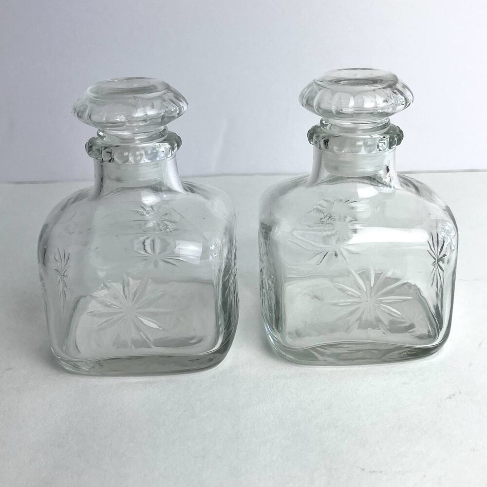Set of 2 Small Apothecary Jars Square Clear Glass w/ Stopper 4" Starburst Design - Picture 2 of 8